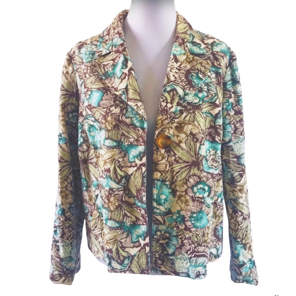 Women’s R•Q•T Linen Blend Floral Notched Lapel One Button Lined Blazer Large